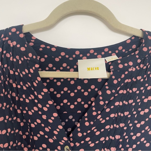 Anthropologie Maeve Woman Medium Navy Button Up Blouse Pink Polka Dots Business - Picture 4 of 14
